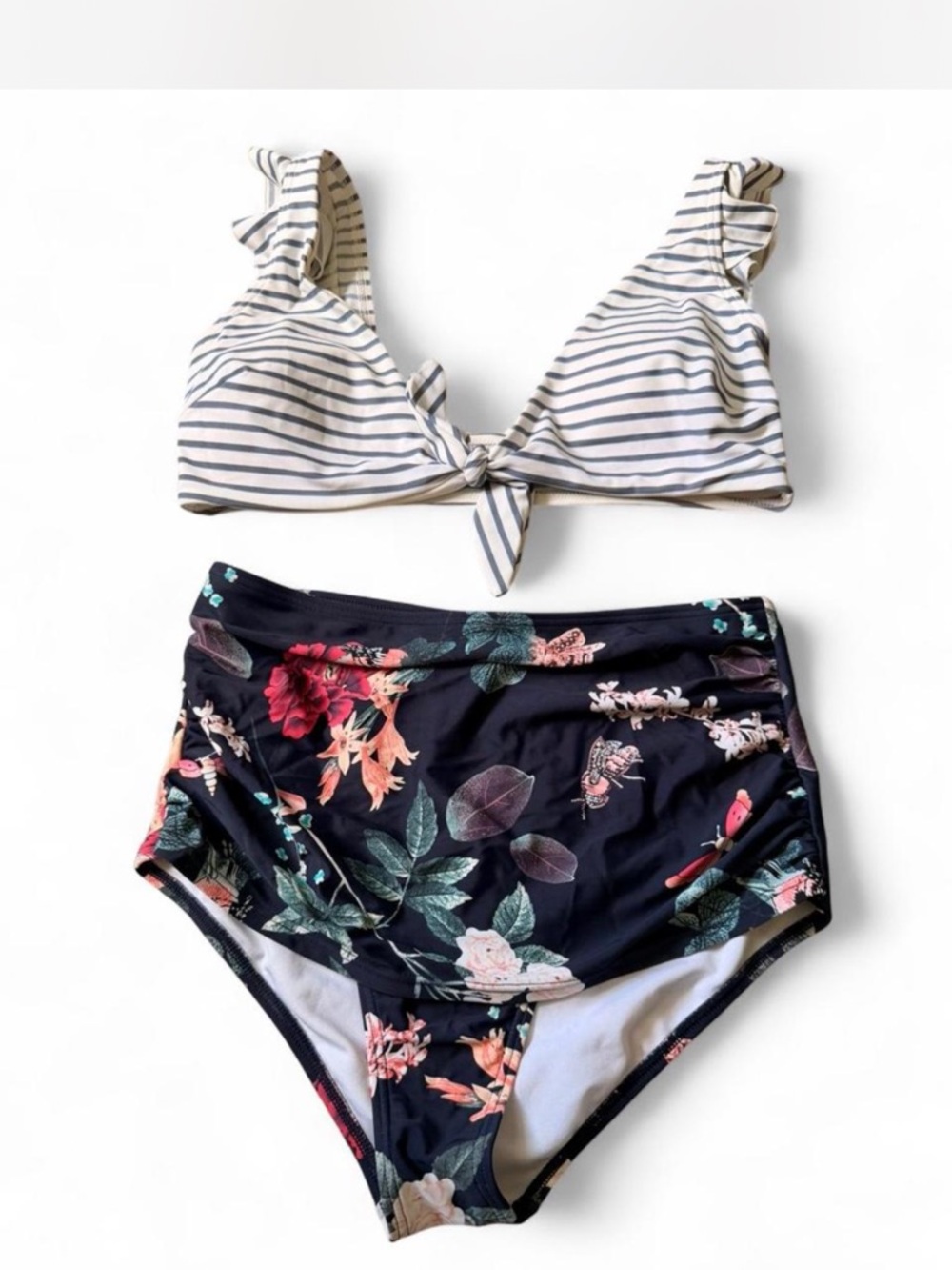 COCOSHIP White and Navy Swimwear with Striped Detail
